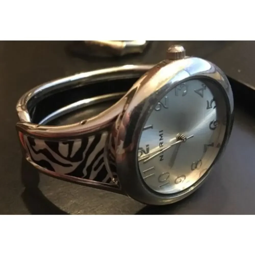 Womens Narmi Bangle Bracelet Watch, Silver Tone with Zebra Print Insets